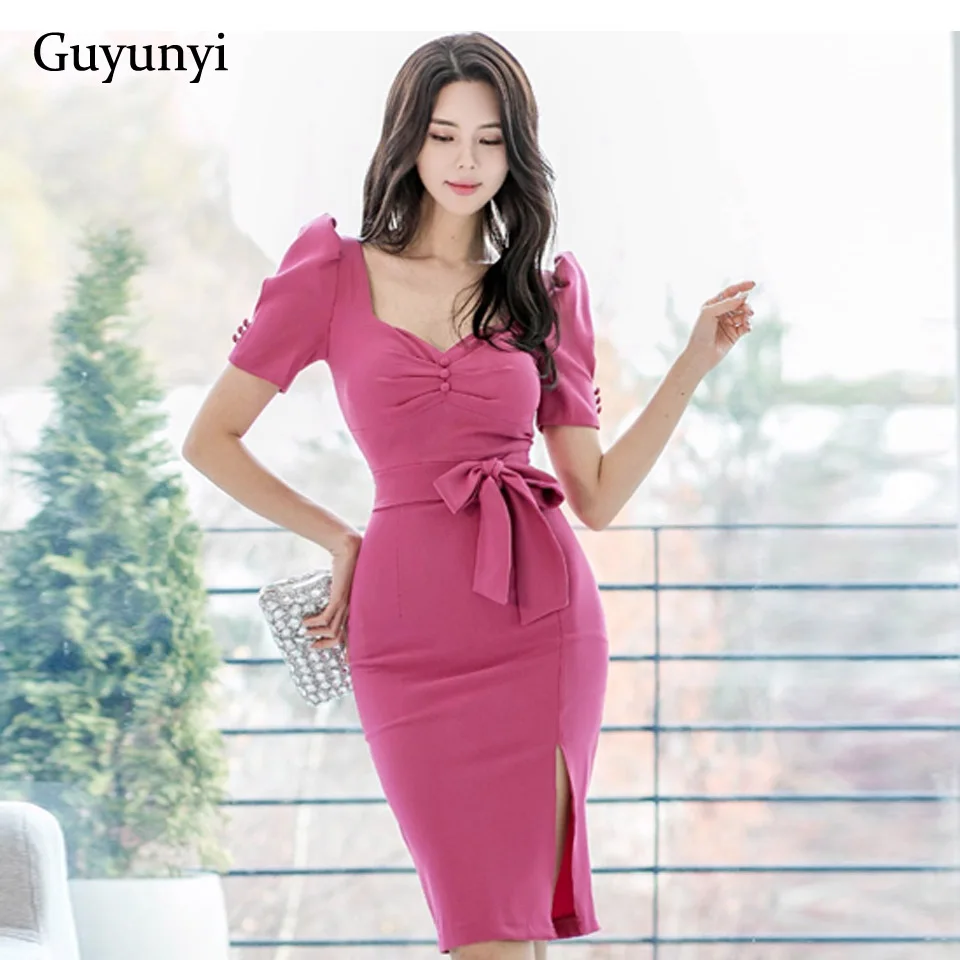 Korean Elegant Office Dress 2022 Spring Plain Bubble Short Sleeved ...
