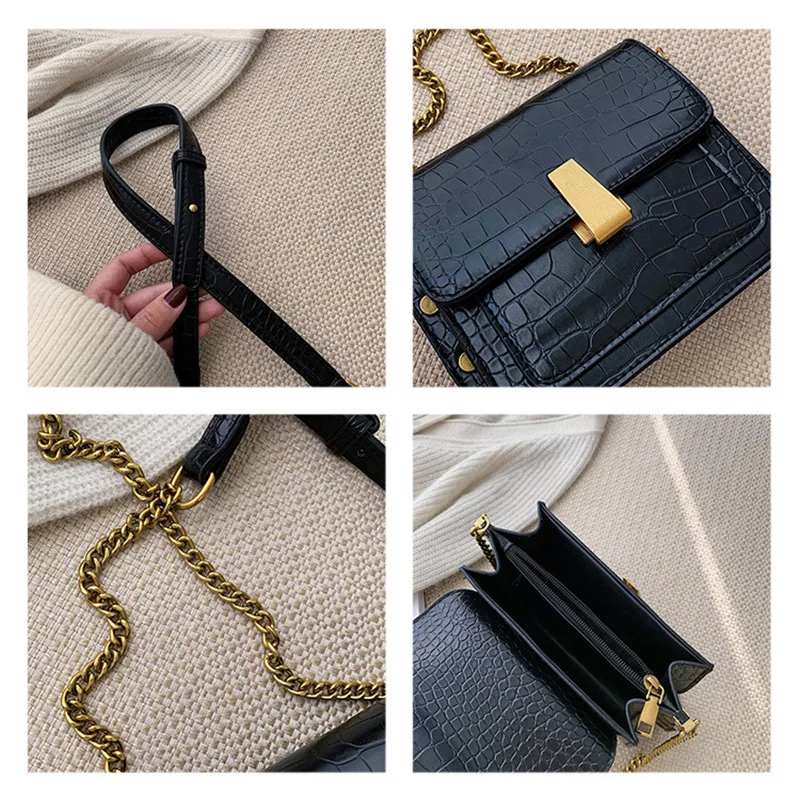 

2019 Autumn And Winter New Style WOMEN'S Bag Retro Square Bag Solid Color Crocodile Pattern Shoulder Bag Oblique Square Bag