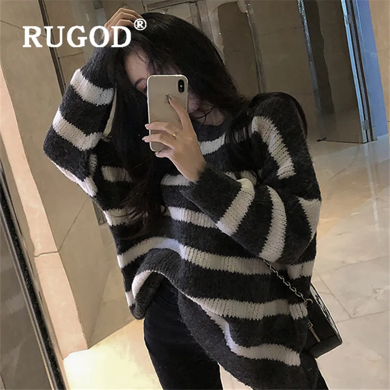 RUGOD, новинка, Зимние поступления, корейский свитер, пуловеры для женщин, с круглым вырезом, в полоску, с узором, свободные, вязанные, модные женские повседневные топы
