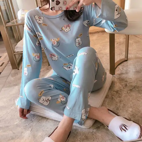 Pajamas suit Осенне-зимний пижамный комплект для женщин, полосатый хлопковый Длинный топ, длинные штаны, комплект из 2 предметов, пижамный комплект для женщин, милая одежда для сна, пижама для девочек - Color: Pajamas suit