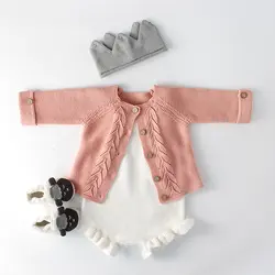 Модная одежда для маленьких девочек и мальчиков, вязаное однотонное пальто с длинными рукавами, на бретельках, с рюшами, для новорожденных