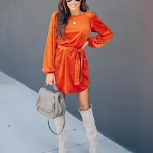 Зимнее Новое однотонное Повседневное платье, свободная талия, тонкое платье с длинным рукавом, повседневная женская трапециевидная юбка