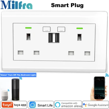 

Milfra Wifi Smart Plug with USB Charger UK Smart Power Outlet Phone Control Socket for Google Assistant Alexa Tuya Smart Life