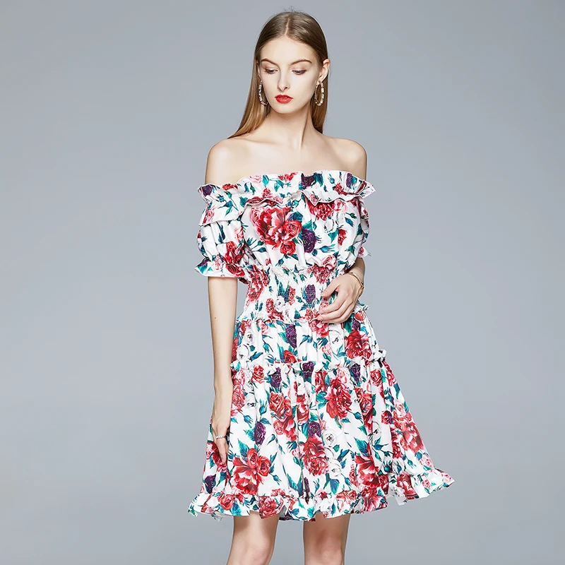 

WTIANYUW Elegant Runway Summer Dress Women Short Sleeve Ruffles Elasticity Waist Red Rose Print Dress Sexy Off Shoulder Dress