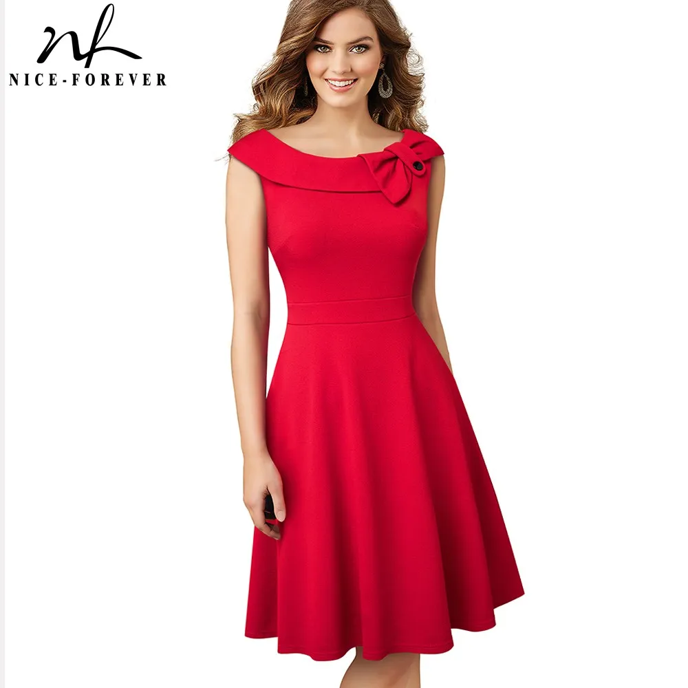 Nice forever Summer Women Elegant Solid Color with Bow Dresses Cocktail Party...