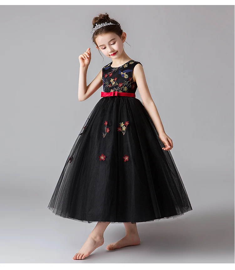 Luxury Black Embroidery Flower Girl Dresses O Neck Kids Formal Dress Lace Up Short Front Long Princess Dress 120 130 140 150 160