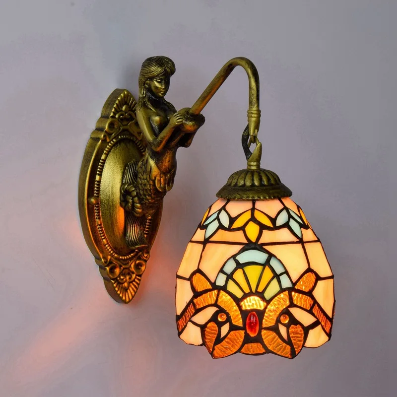 

Dia15cm European Vintage Baroque Stained Glass Wall Lamp Living Room Dinning Room Bedroom Bar Aisle Balcony Wall Light Sconce