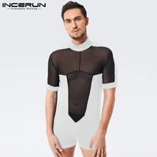 INCERUN Men Rompers Mesh Patchwork Pajamas Homewear See Through Turtleneck Sexy Playsuits 2021 Short Sleeve Cozy Jumpsuits S-5XL