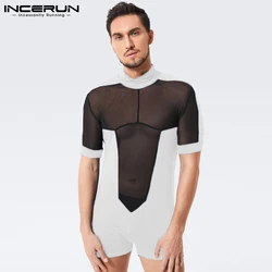 INCERUN Men Rompers Mesh Patchwork Pajamas Homewear See Through Turtleneck Sexy Playsuits 2021 Short Sleeve Cozy Jumpsuits S-5XL
