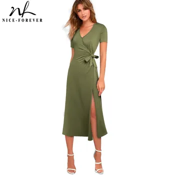 

Nice-forever Summer Pure Color Sexy size Split Dresses Party Long Maxi Women Dress btyA155