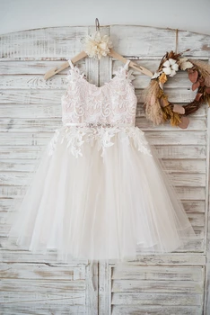 

Flower Girl Dress with Sashes Ball Gown Spaghetti Straps Knee-length V-neck Sleeveless Lace Zipper-up