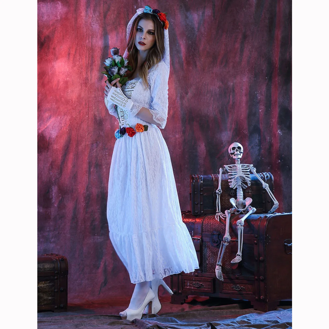 Женский костюм на Хэллоуин, 3 предмета, robe women jurjurjurjurken robe femme, костюмы для косплея, вечерние, сексуальные, белые, кружевные, труп, платье для невесты, Макси-Платье# D