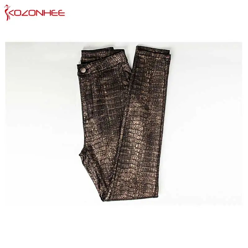 Fashion Stretch Gold PU Leather Pants Women High-Waist Female Elasticity Women's Tights Pencil PU Crocodile leather Pants #08