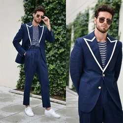 Navy Blue Men Suits Formal Fit Slim Blazer+Pant Custom Made White Lapel 2 Buttons Gtoomsmen Prom Marriage 2 Pieces Suit Sets