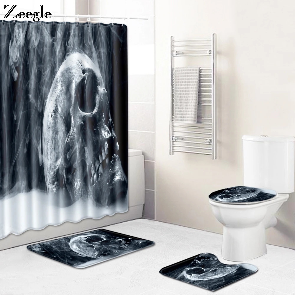 Zeegle Waterproof Toilet Curtain with Bath Mat Set Non Slip Bathroom Doormat Toilet Shower Curtain Absorbent Toilet Pedestal Rug