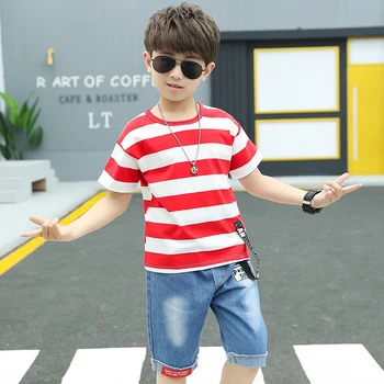 

Baby Boy Clothes Summer Short Sleeve Striped T-shirt Sweatshirt+do old Jeans Two-piece Cotton 2020 Quality 4-12 y Child Clothing