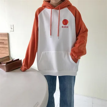 

2020 Autumn and Winter Preppy Style Color Patchwork Sleeve Cartoon Embroidery Thick Hoodies Womens Sweatshirts