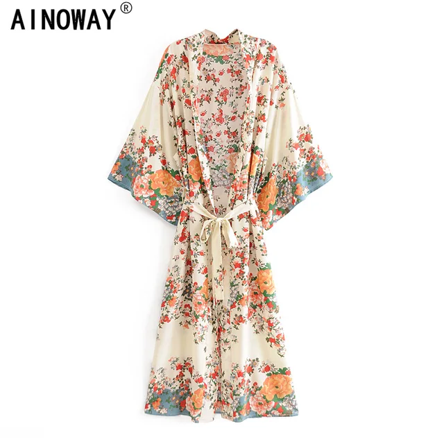 Vintage chic Women  Multi  Floral Print Sashes  bohemian Kimono Ladies V Neck batwing Sleeves  Boho Maxi dress robe 1