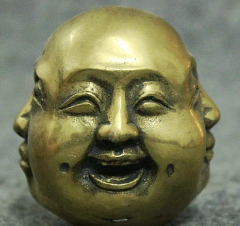 

free shipping Folk China Chinese Brass Buddhism 4 Face Xi Nu Ai Le Maitreya Buddha Head Statue