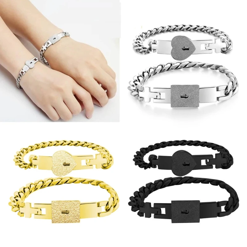 2Pcs Tone Stainless Steel Lover Heart Love Lock Bracelet with Lock Key  Bangles Kit Couple Gift