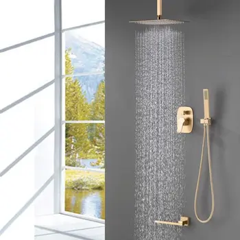 

Luxury Bathroom Brass Ceiling 12 Inch Rainfall Shower Faucet System Mixer Set (Ceiling Mount, Brushed Gold)