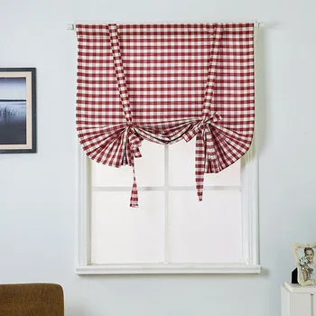 

Cotton Linen Red Plaid Roman Curtain Kitchen Curtain Semi Shade Small Window Curtains