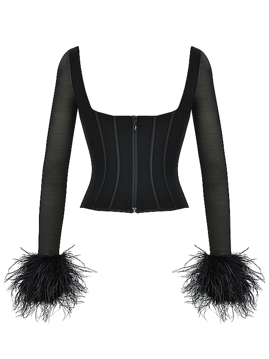 Chicology mesh feather corset long sleeve top women sexy t shirt 2022 spring summer clothes sexy tshirt Y2K bodice t shirt oversize