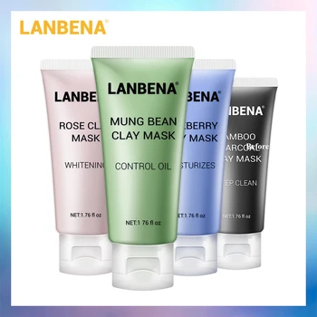 

LANBENA Mung Bean Clay Face Mask Skin Care Bamboo Charcoal Blueberry Rose Deep Cleaning Remove Grease Ageless Shrinks Pores 4PCS
