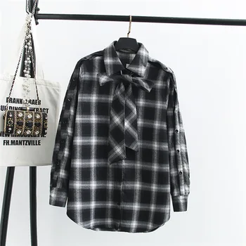 

2020 Big Code Grid Shirt Fat Mm Foreign Style Slim Bow Lace Long Sleeve Shirt 20004