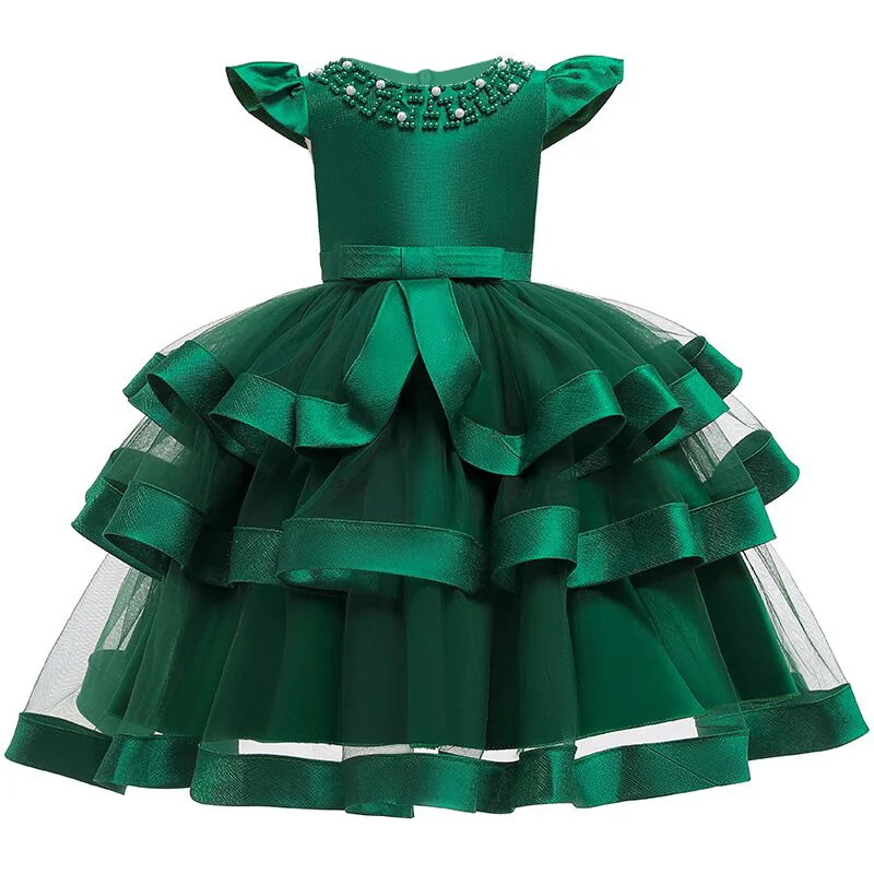Бальные платья для девочек с открытыми плечами, украшенные бисером; кружевное платье с аппликацией; торжественное платье принцессы с цветочным узором для девочек; элегантные нарядные платья на свадьбу - Цвет: green