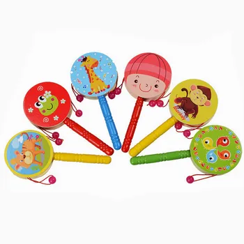 

New Fashion Baby Boys Girls Drum Toy Wooden Rattle Pellet Drum Cartoon Animal Musical Instrument Toy for Child Kids Gift