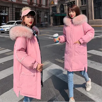

2019 Fashion Winter Jacket Women Solid Fur Collar Hooded Double Side Wear Ladies Long Down Cotton Parkas Jacket Thick Warm Coat
