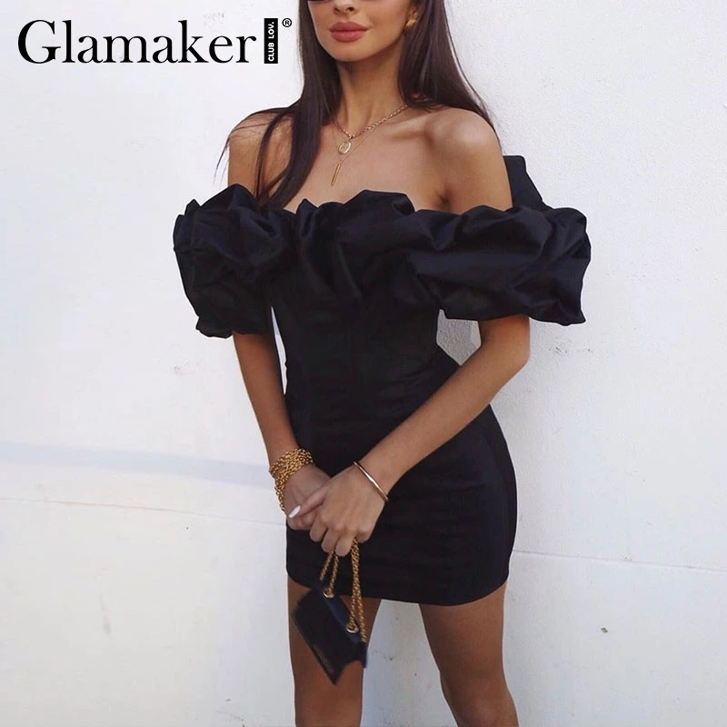 Glamaker сексуальное короткое платье с открытыми плечами оборками женское черное