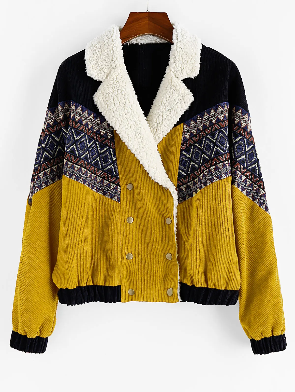 ZAFUL Осенняя Женская винтажная жаккардовая двубортная Вельветовая куртка из искусственной овчины с заниженным плечом, пальто на кнопках с отворотом - Цвет: Saffron