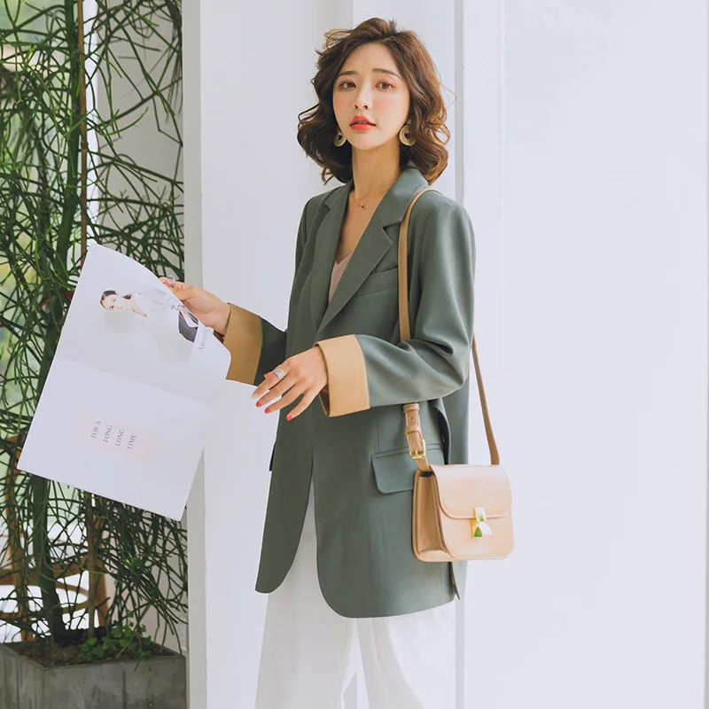 

2019 autumn New womens simple Blazer Design Plus Size Casual loose female England Style Suit Jacket with belt ladies blazer