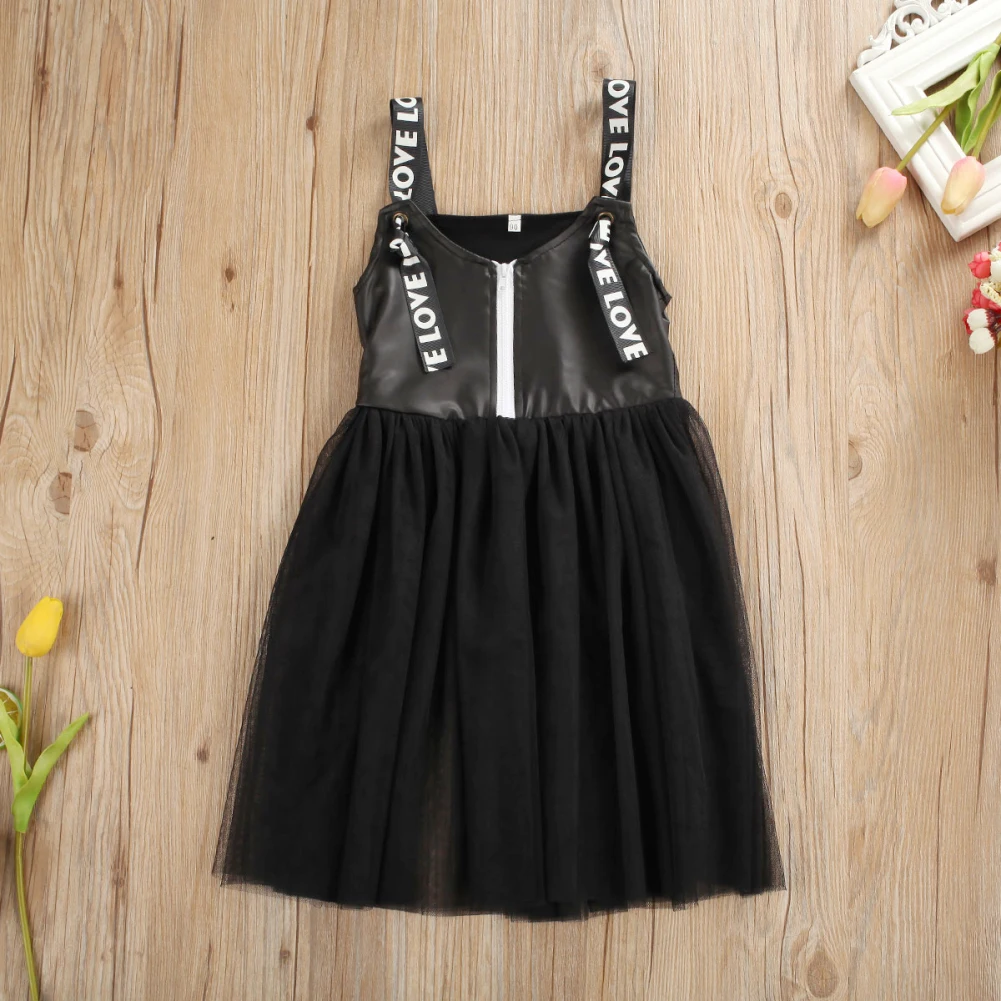 Новое Сетчатое платье для девочек, 2 предмета, Детская футболка в полоску с длинными рукавами, топ+ черное Тюлевое платье на молнии из искусственной кожи, праздничный комплект принцессы, От 2 до 7 лет