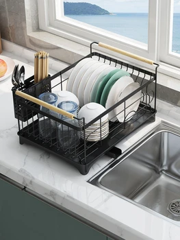 

Stainless steel black sink dishes and dishes floor kitchen rack double-layer storage rack