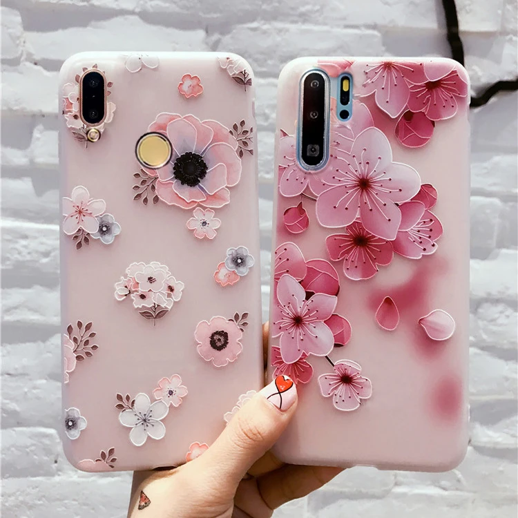 Pink Cute Flowers Phone Case For Huawei P Smart 2019 Cover Funda Y9 Y7 Girls Cat 3D Transparent | Мобильные телефоны и