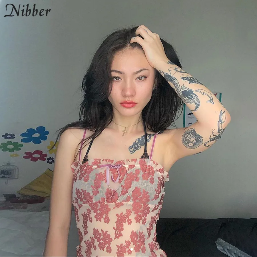Nibber Harajuku рюшами печатных платье обтягивающее с сеткой женские осенние вечерние ночное сексуальное прозрачное нижнее белье платье mujer тонкий мягкий прозрачный чехол для мини-платья