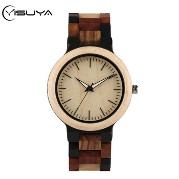 

YISUYA Simple Pure Dial Wood Watch Men's Watches Natural Handmade Bamboo Mixed Color Wooden Band Quartz Clock for Male Friends
