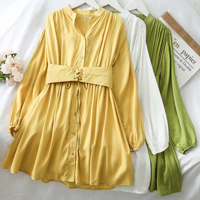 

Mooirue Vintage Casual Women Dress With Belt Sashes V Neck Long Sleeve Korean Style Streetwear Solid Yellow White Green Vestidos