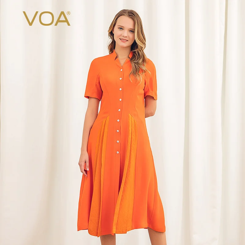 

VOA orange heavyweight silk creative sleeve sleeve single-row co-op splind receive waist-down vertical topdress A10502