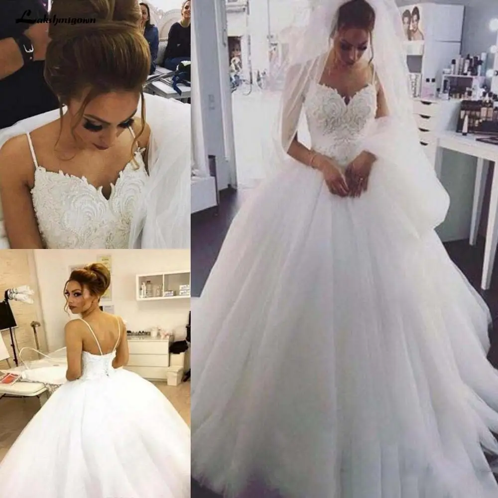

Elegant Beaded Pearls Tulle A Line Boho Wedding Dresses 2020 Spaghetti Straps Bridal Dresses Plus Size Weding Gowns For Brides
