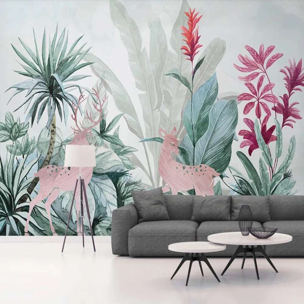 

Drop Shipping Custom Large Wallpaper Mural Nordic Tropical Plant Banana Leaf Elk Background Wall Paper Mural Decorative Painting