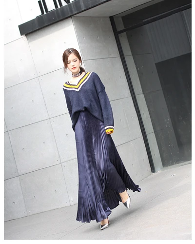dark blue(long 100cm Летняя модная винтажная Серебристая золотая металлическая однотонная Расклешенная юбка макси с высокой талией, пляжные длинные плиссированные юбки для женщин - Цвет: dark blue(long 100cm