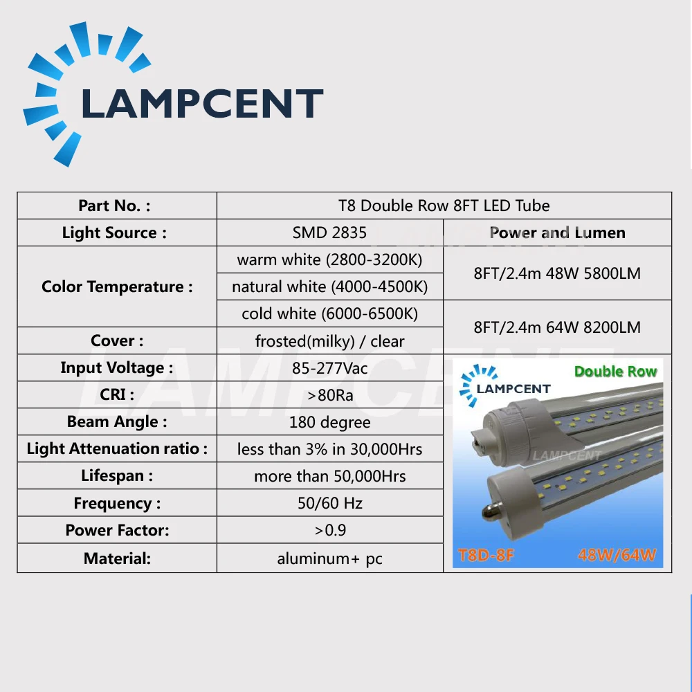 20-100/Pack LED Tube Light Bulb 8FT FA8 Single Pin R17D 6500K LED Shop Light HO 20-100/Pack LED Tube Light Bulb 8FT FA8 Single Pin R17D 6500K LED Shop Light HO