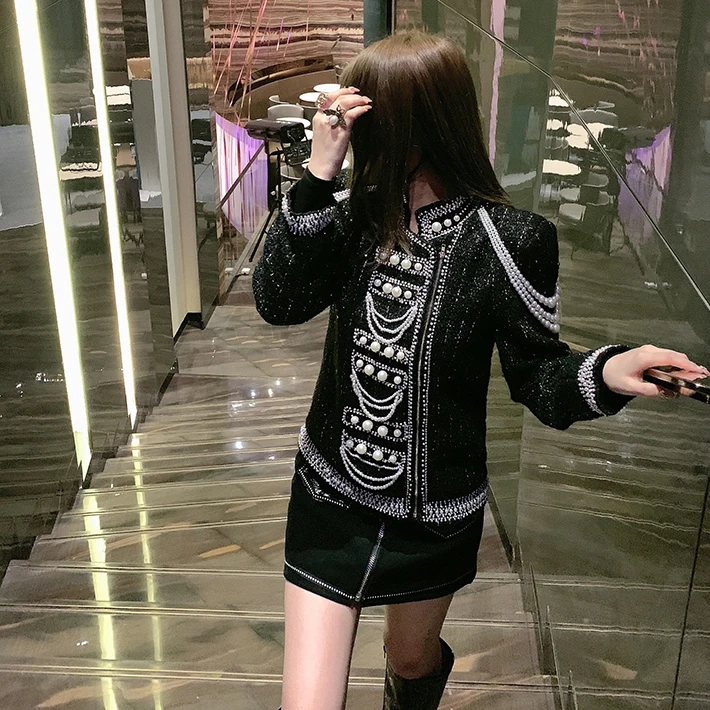 

High Quality Woolen Jacket Coat Beading Pearl Thick Cotton Stand Collar Long Sleeve Outwear All-match Female Tweeds Jackets