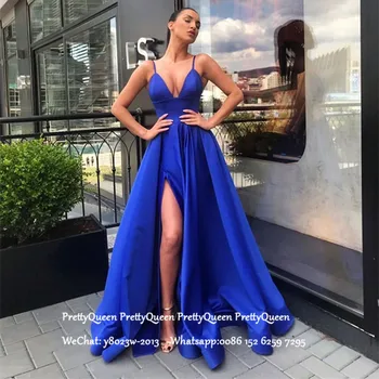 

Royal Blue Satin Formal Evening Dress Long A Line Sexy Side Split Spaghetti Strap Runway Prom Dresses Robe De Soiree