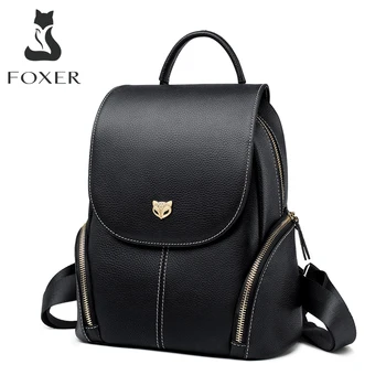 

FOXER Cowhide Genuine Leather Girl's School Bag Korean Simple Black Women Backpack Large Capacity Lady Casual Travel Rucksacks