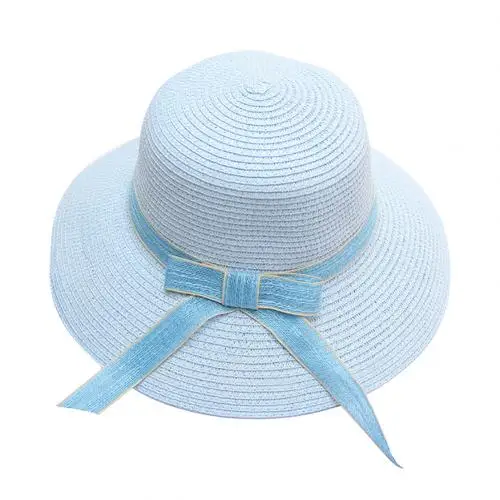 Light Blue Женская летняя Складная широкая бант Края Лента соломенная широкополая шляпа пляжная солнцезащитная Кепка для дам шляпа аксессуары солнцезащитные шляпы кепки - Цвет: Light Blue